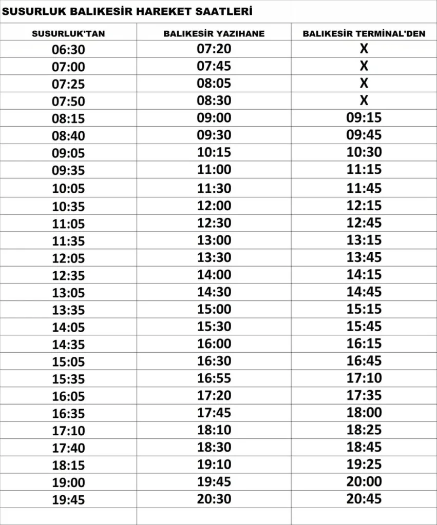 Susurluk Balıkesir minibüs saatleri, Susurluk Balıkesir dolmuş saatleri