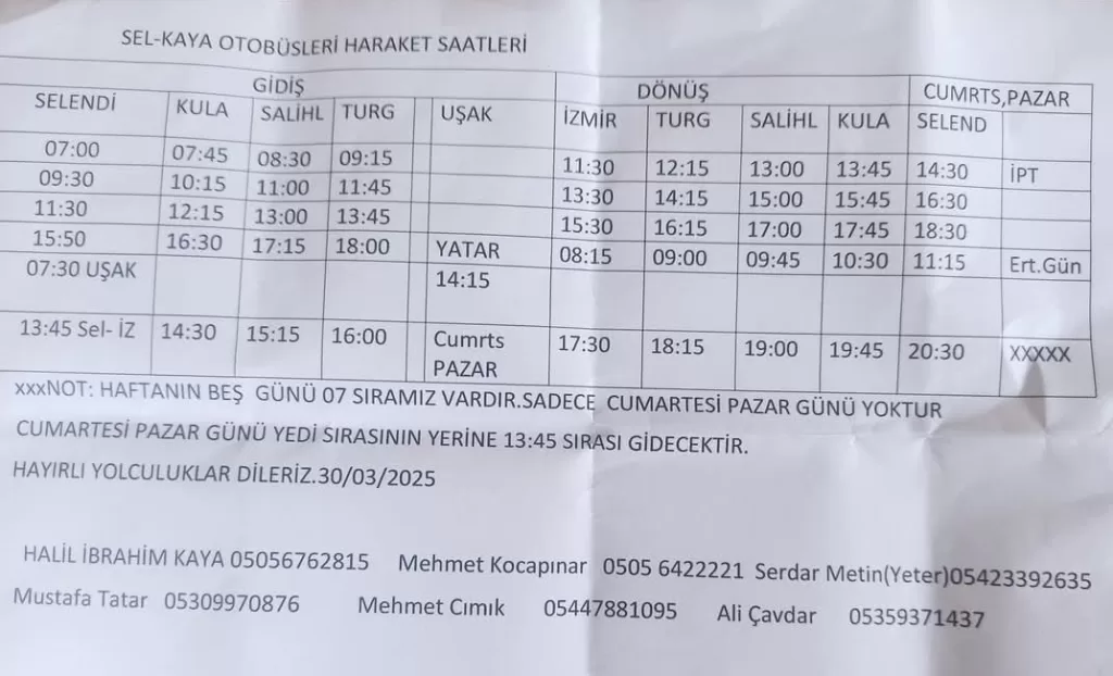 Selendi İzmir otobüs saatleri