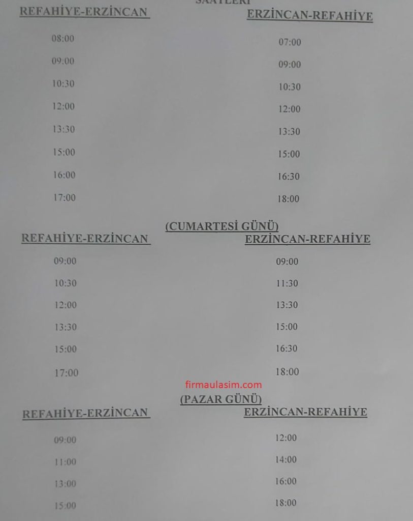 Refahiye Erzincan Minibüs Saatleri