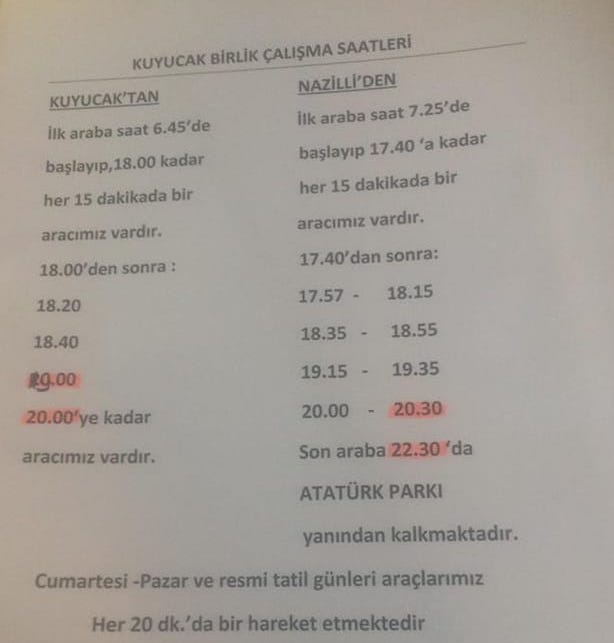 Nazilli Kuyucak dolmuş saatleri, Nazilli Kuyucak minibüs saatleri