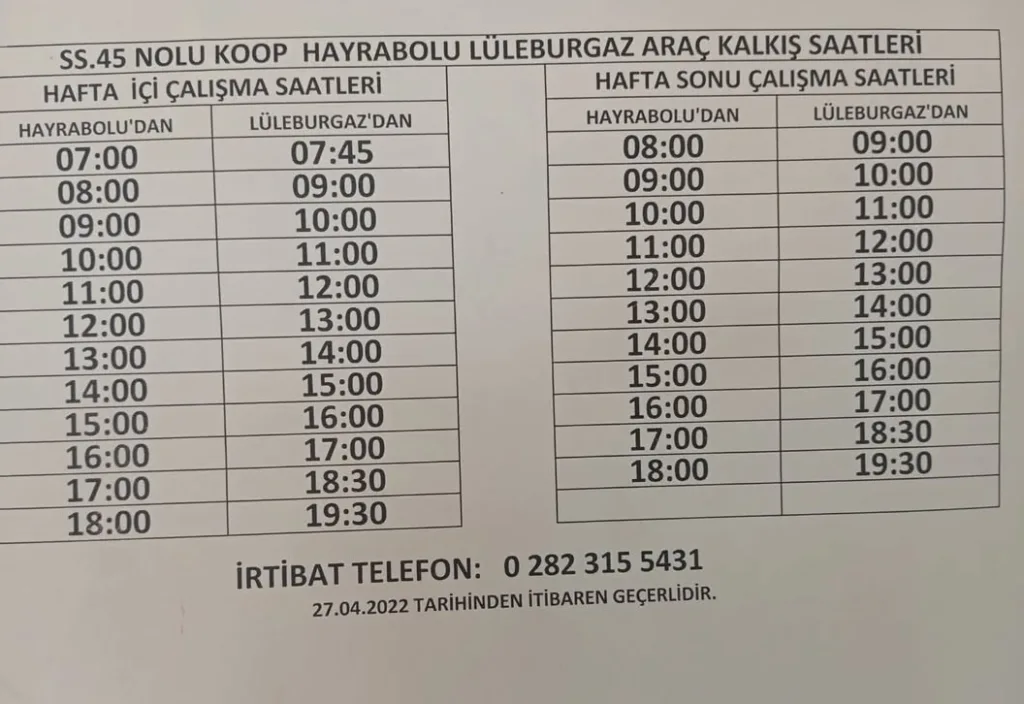 Hayrabolu Lüleburgaz minibüs saatleri , Hayrabolu Lüleburgaz dolmuş saatleri 