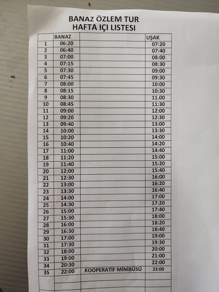 Banaz Uşak minibüs saatleri, Banaz Uşak dolmuş saatleri