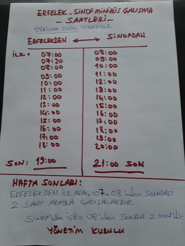 Erfelek Sinop minibüs saatleri