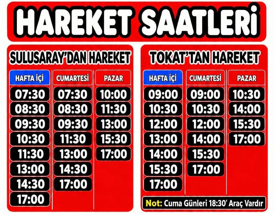 Sulusaray Tokat minibüs saatleri